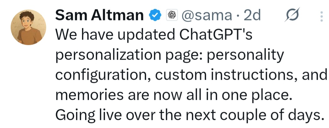 Sam Altman tweet screenshot - personalization update